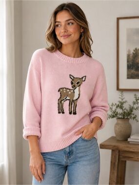 No Boundaries Pink Deer Intarsia Crewneck Sweater